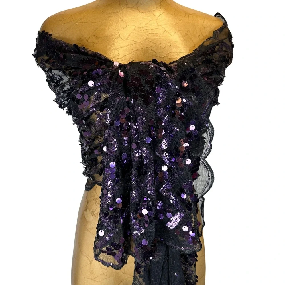 Vintage Style Black Mesh Purple Sequin Scalloped Edge Evening Wrap Shawl Scarf
